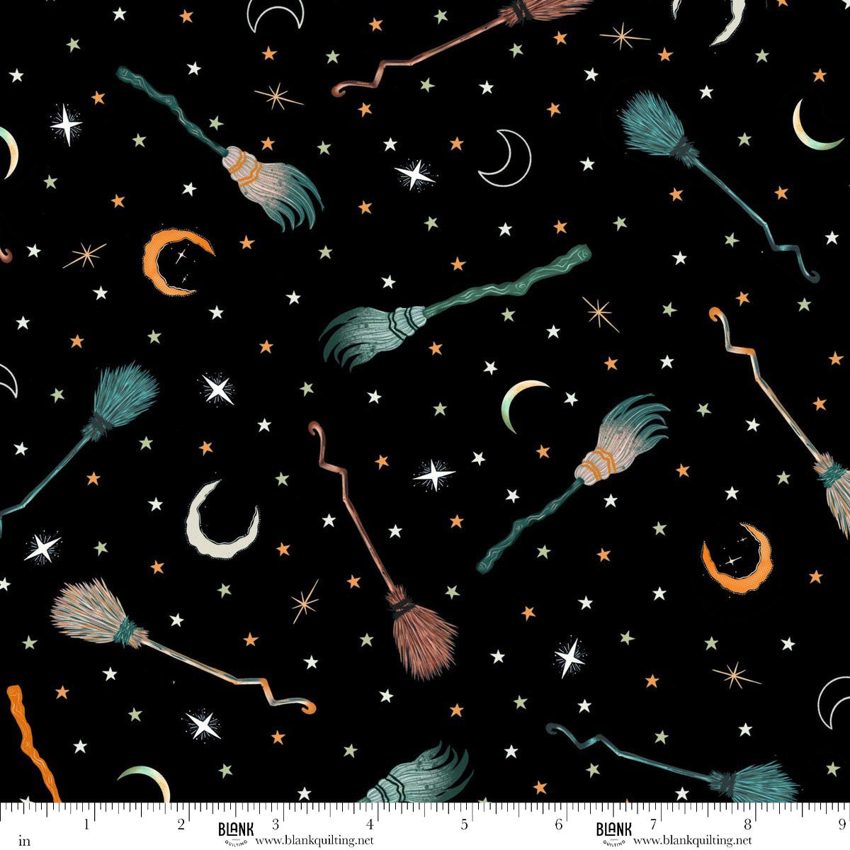 Witchy Wicked- Black Broomsticks, Stars, & Moons: Sold by the 1/2 yard