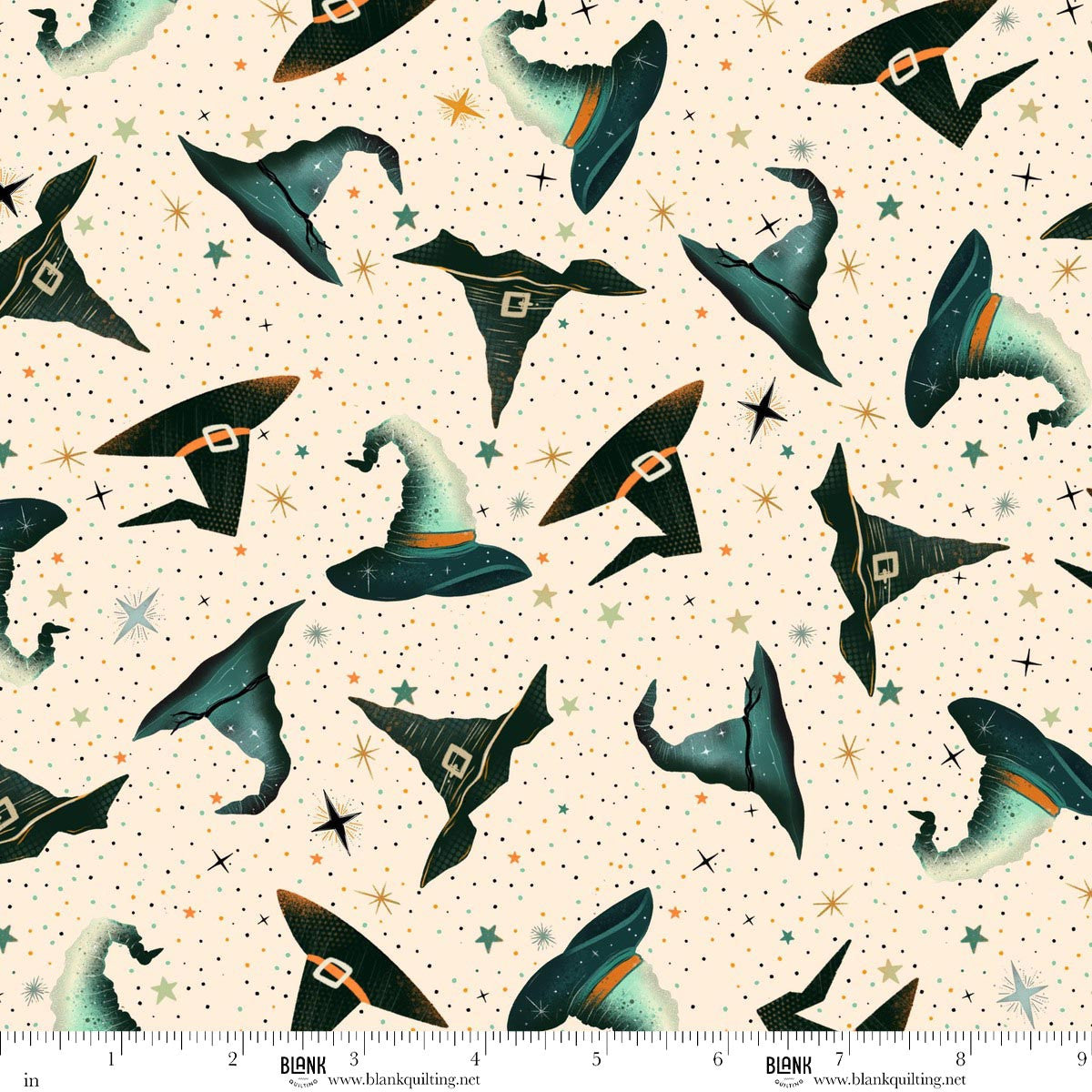 Witchy Wicked- Cream Witches Hats and Stars: Sold by the 1/2 yard