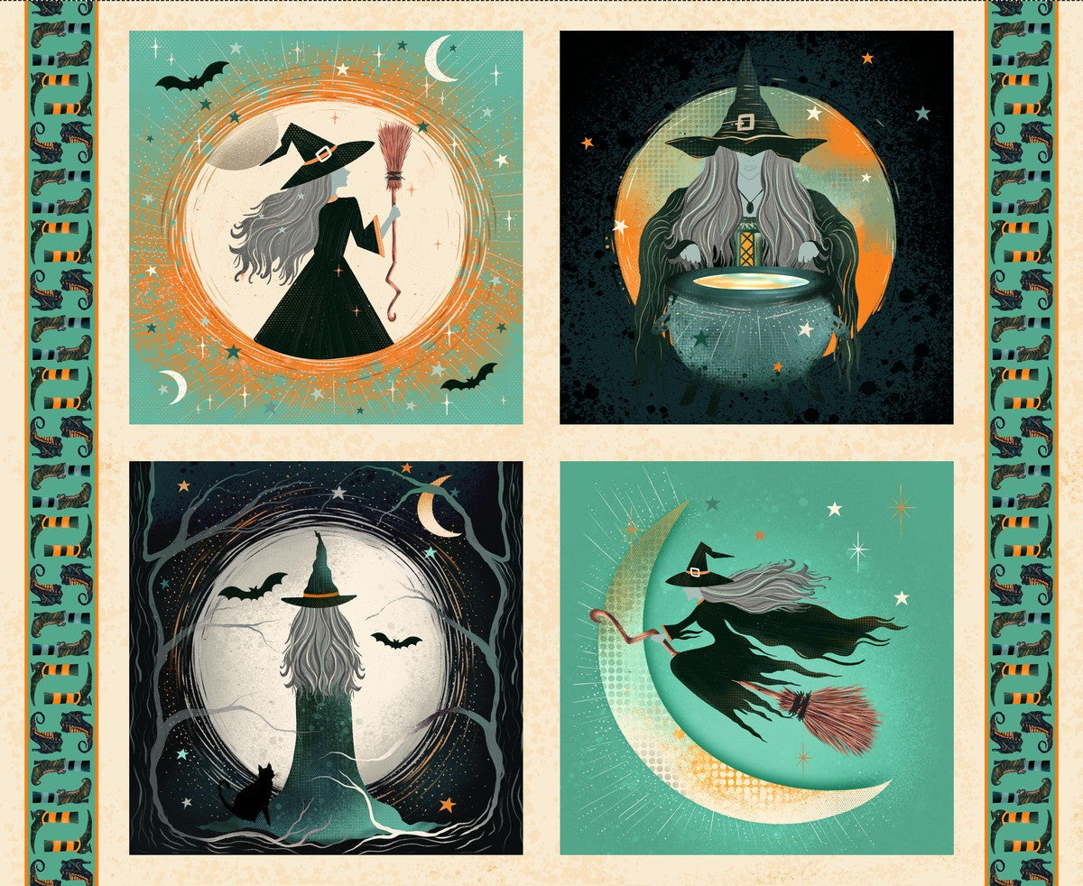 Witchy Wicked- Cream Witch Block Panel 36": Sold by the PANEL