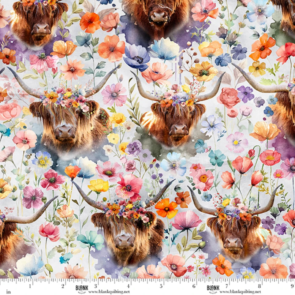 Deja Moo- Tertiary Highland Flower Field: Sold by the 1/2 yard
