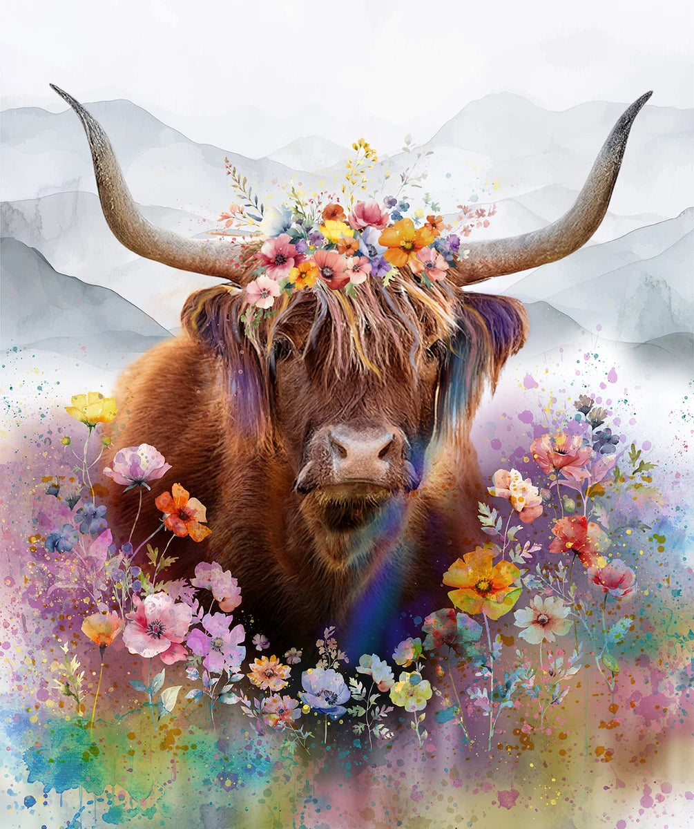 Deja Moo- Tertiary Highland Cow 36in Panel: Sold by the PANEL