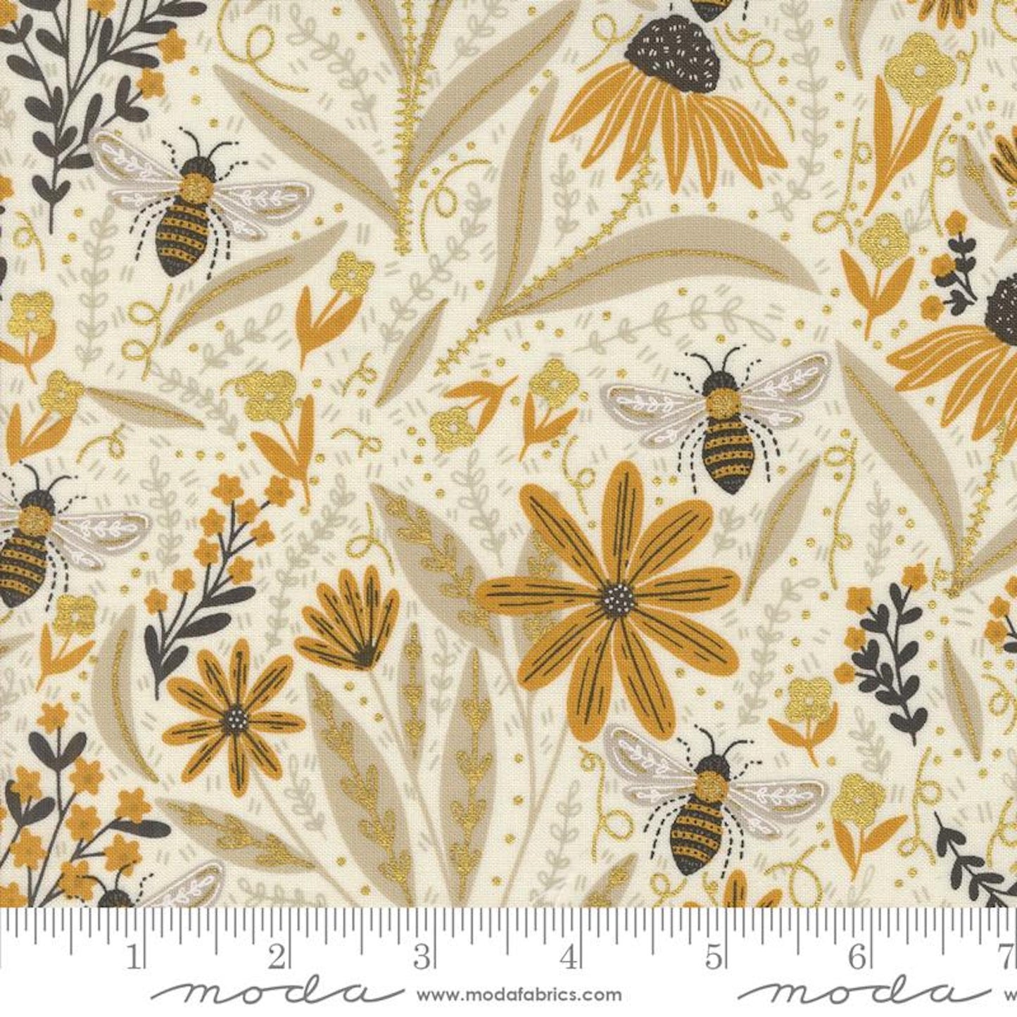 Bee Garden- Metallic Porcelain Floral Bees: Sold by the 1/2 Yard