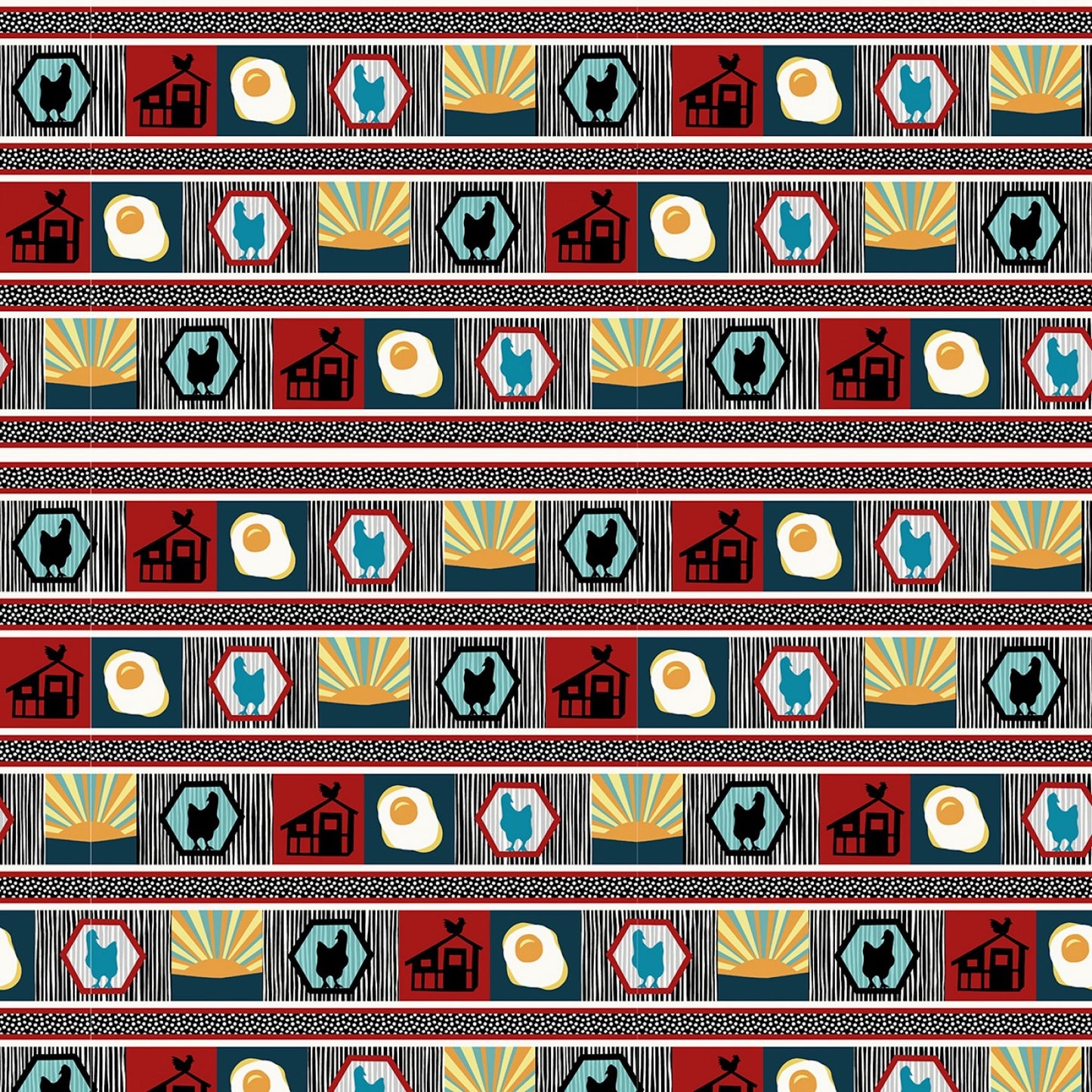Zooming Chickens- Teal-Red Border Stripe