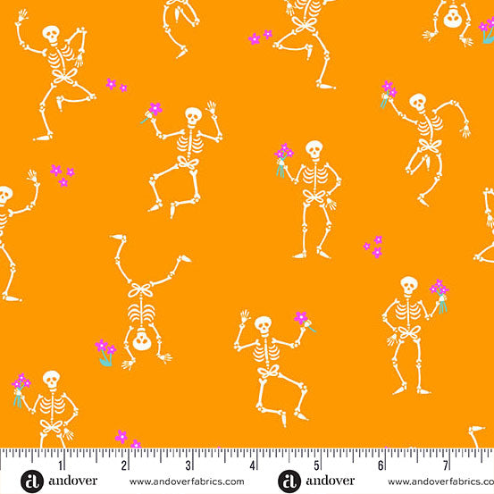 Ghostly Garden- Orange Skeleton Jig: Sold by the 1/2 yard