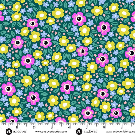 Ghostly Garden- Teal Floral Fright: Sold by the 1/2 yard