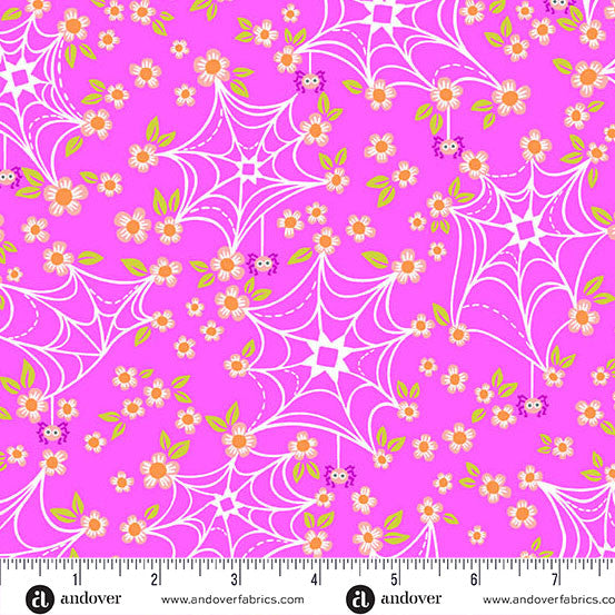 Ghostly Garden- Pink Web and Bloom: Sold by the 1/2 yard