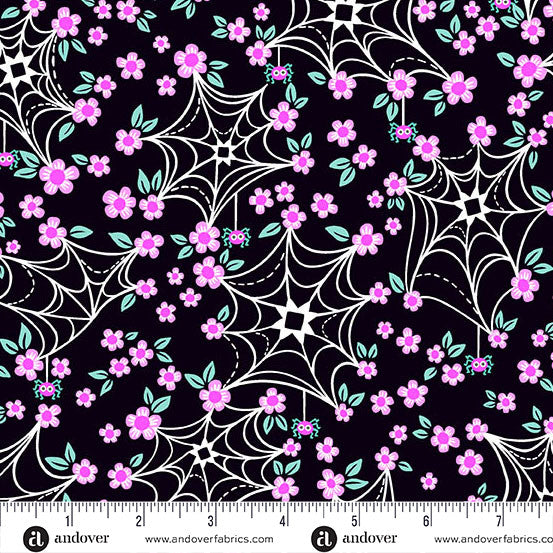 Ghostly Garden- Black Web and Bloom: Sold by the 1/2 yard