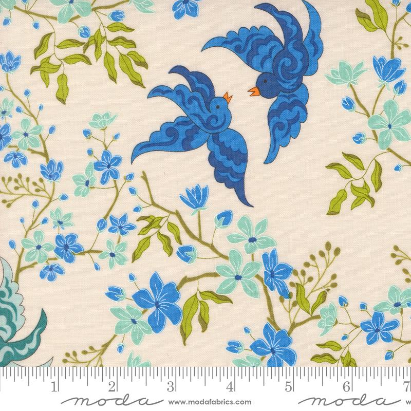 Legendary Love- Porcelain Navy Lovebirds: Sold by the 1/2 yard