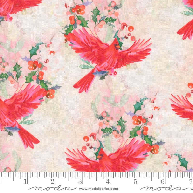 Love and Cheer- Snowflake Cardinal in Flight: Sold by the 1/2 yard