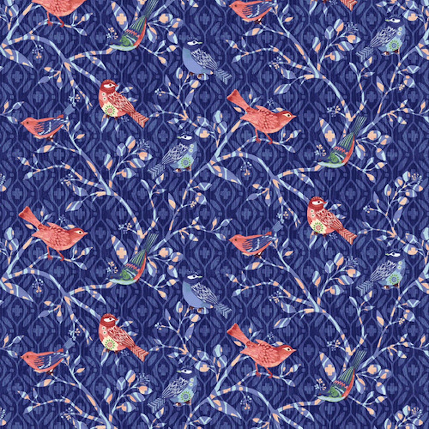 Bella Blue Birds- Indigo Bird Branches: Sold by the 1/2 yard.