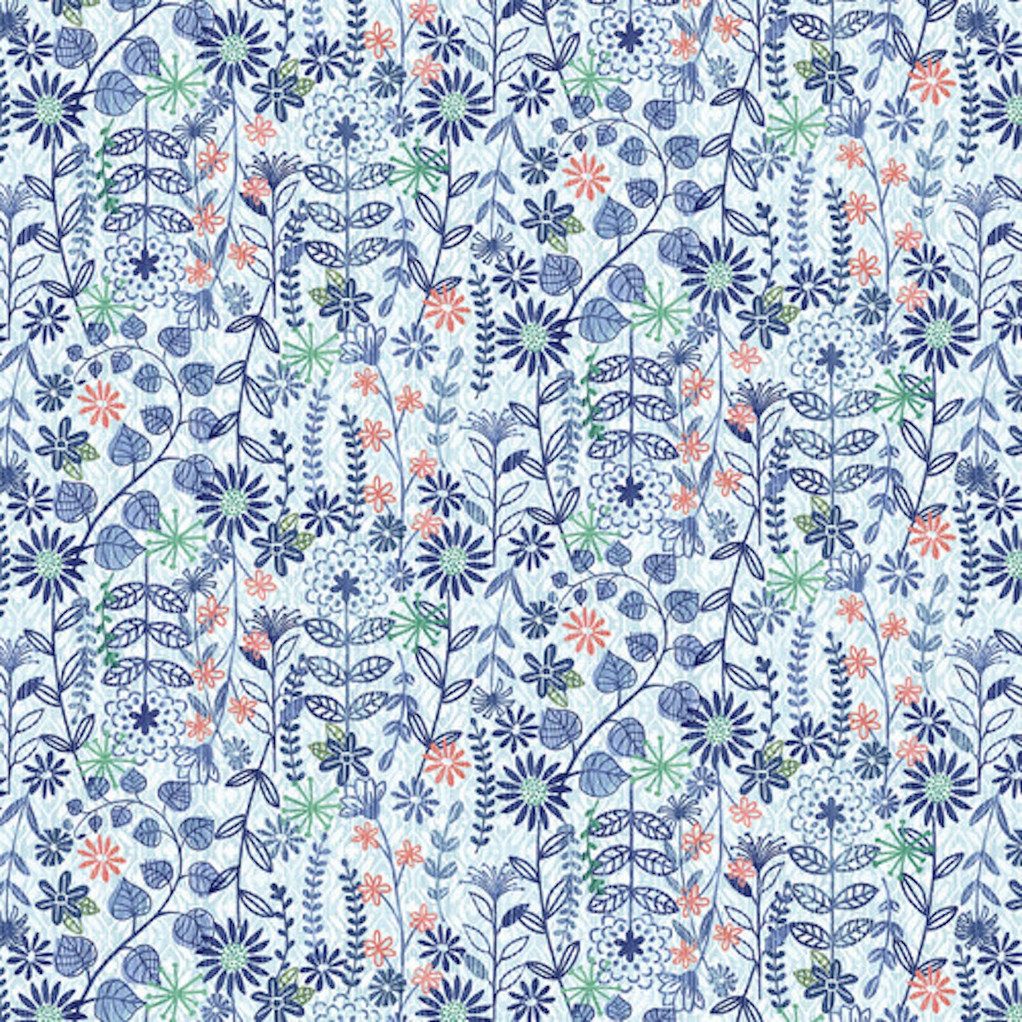 Bella Blue Birds- Light Blue Viney Floral: Sold by the 1/2 yard.
