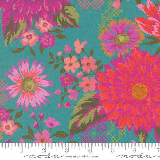 Parlor- Teal Happy Blooms: Sold By The 1/2 Yard