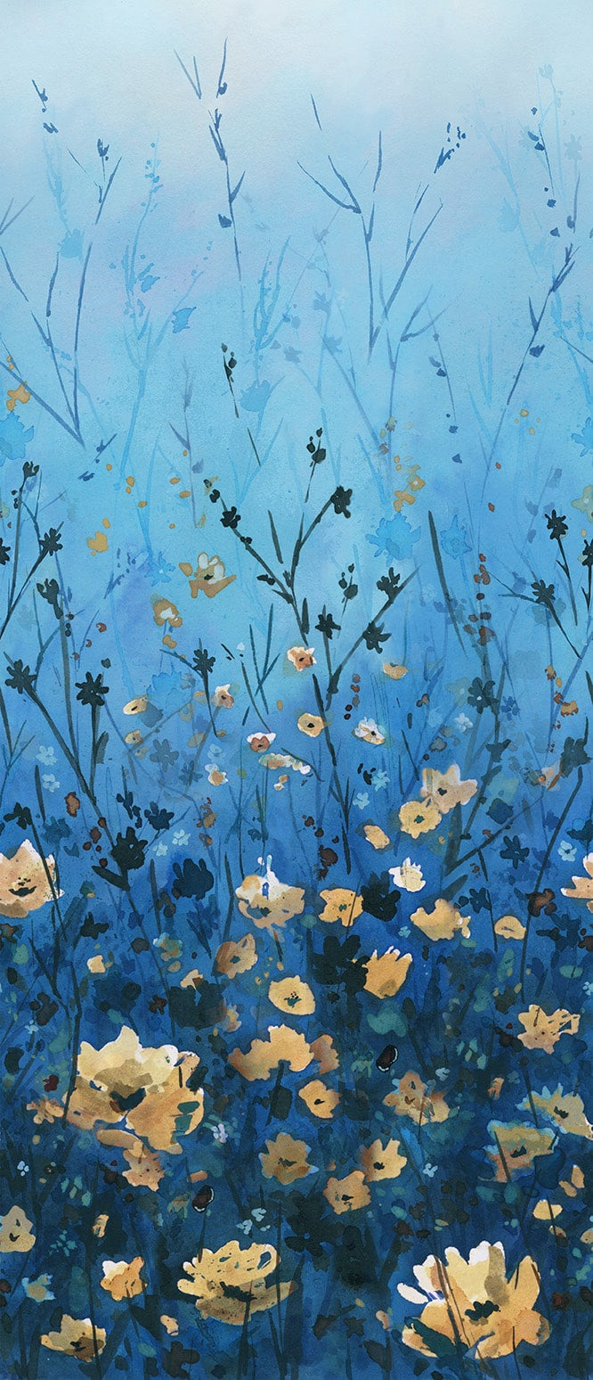 Behind Blue Eyes- Peacock Reaching Floral: Sold By The 1/2 Yard