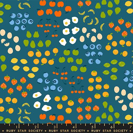 Egg and Friends- Teal Froot: Sold by the 1/2 yard