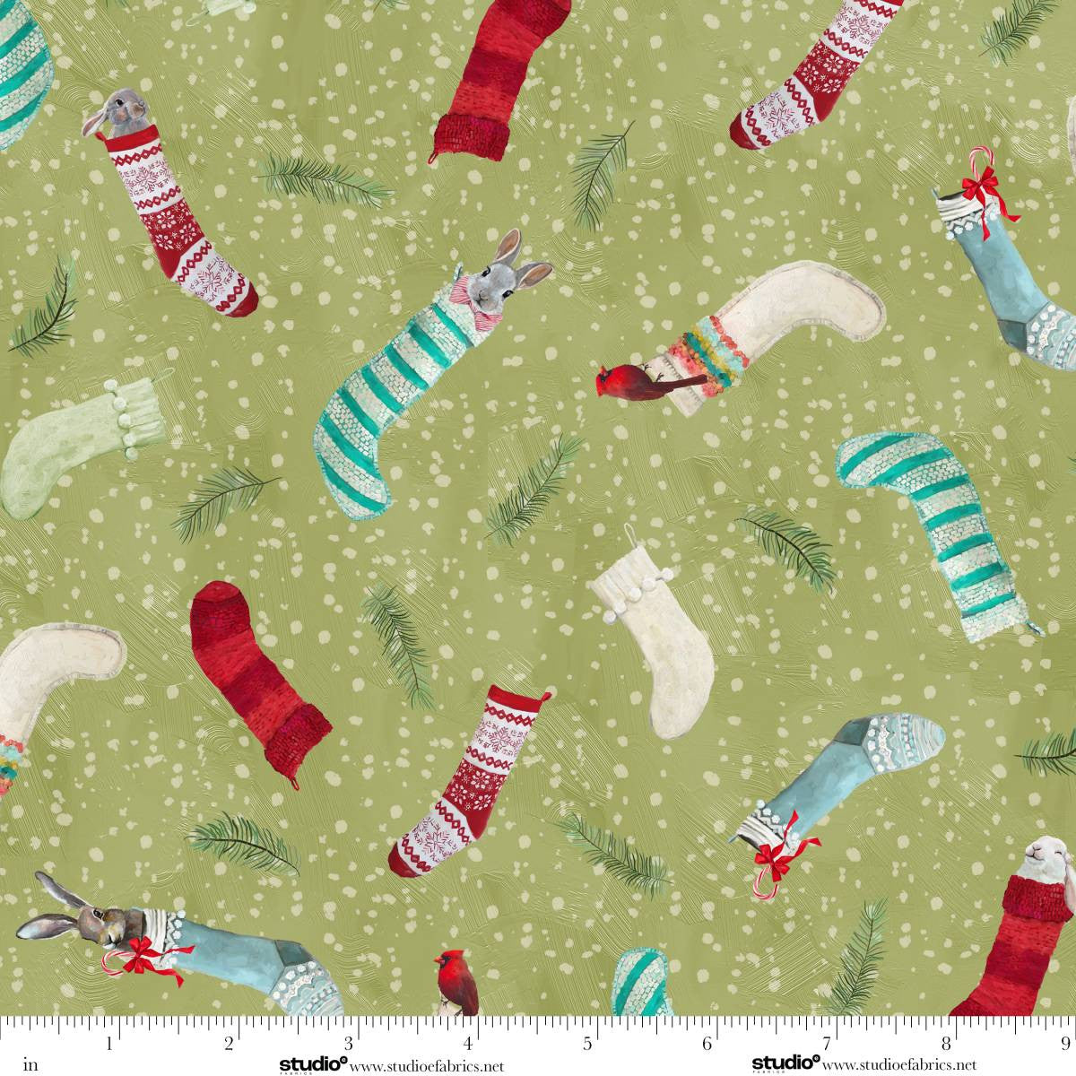 Holly Woods- Sage Critter Stockings: Sold by the 1/2 yard