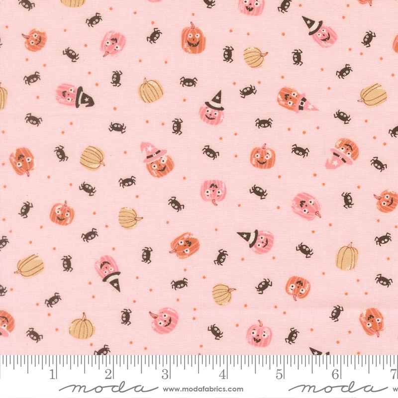 Purrs and Boos- Purrfect Pink Friendly Pumpkin and Spiders: Sold By The 1/2 Yard