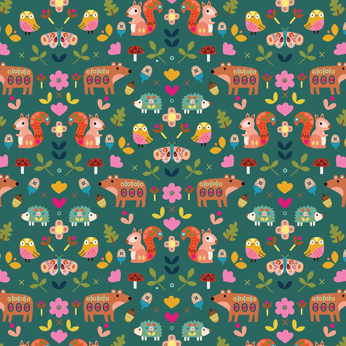 Amberwood- Green Forest Friends: Sold by the 1/2 yard