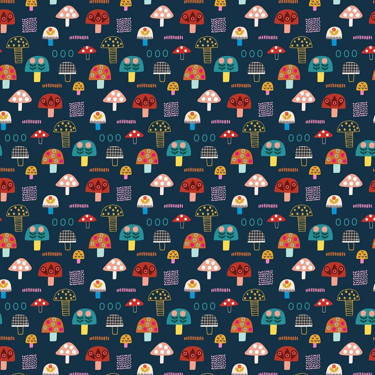 Amberwood- Navy Toadstools: Sold by the 1/2 yard
