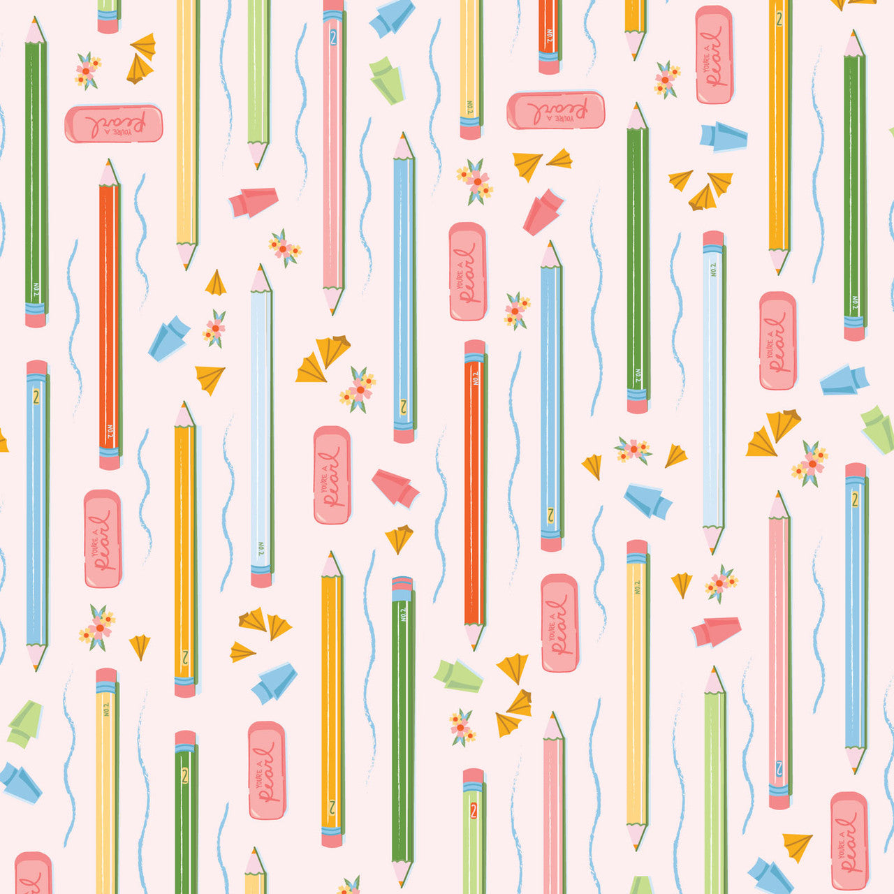 Bookworm- Blush Pencils & Pages: Sold by the 1/2 Yard