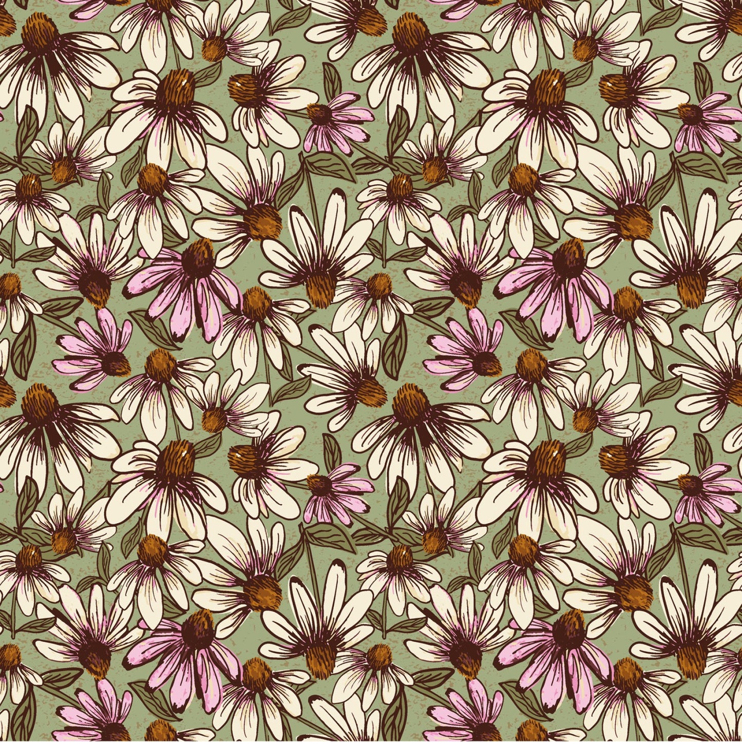 Coneflower Corral- Olive Echinacea: Sold by the 1/2 yard.