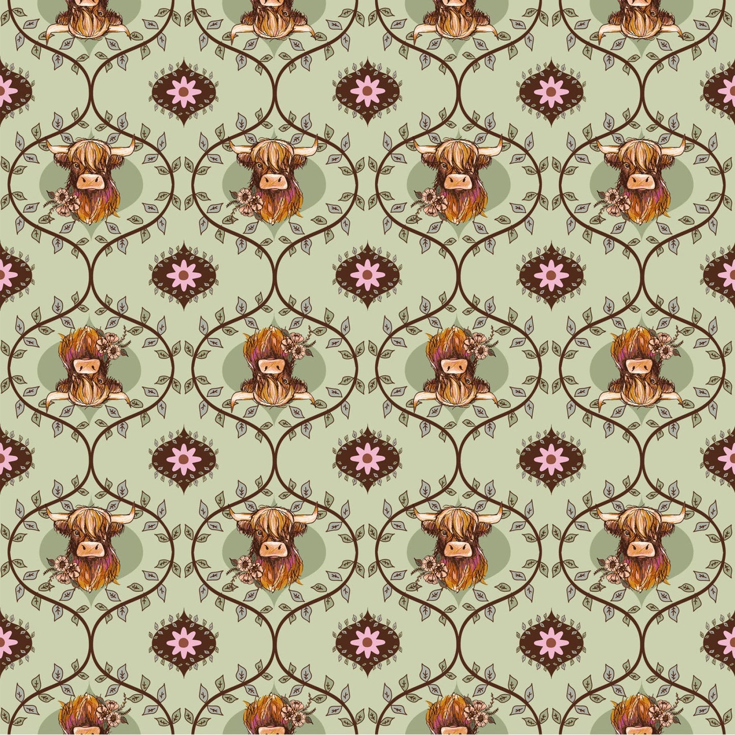 Coneflower Corral- Light Olive Highland Cows: Sold by the 1/2 yard.
