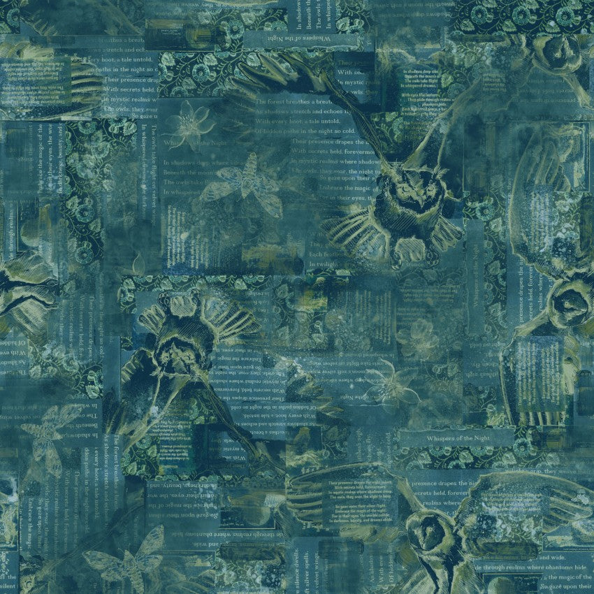 Night Whispers- Dark Teal Owl Collage: Sold by the 1/2 yard