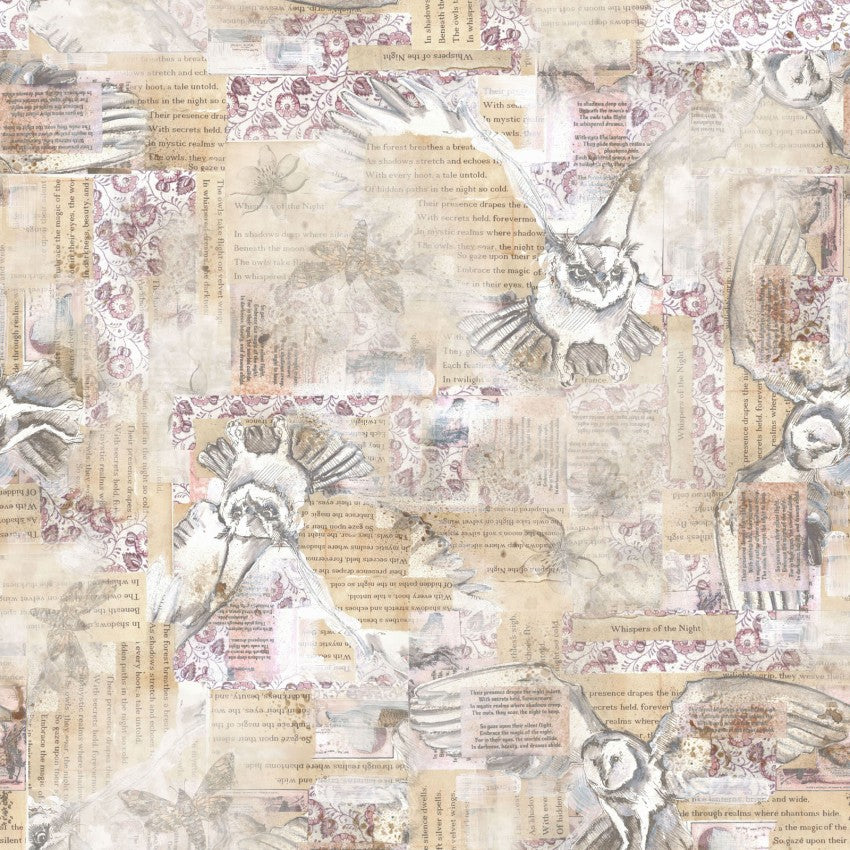 Night Whispers- Khaki Owl Collage: Sold by the 1/2 yard