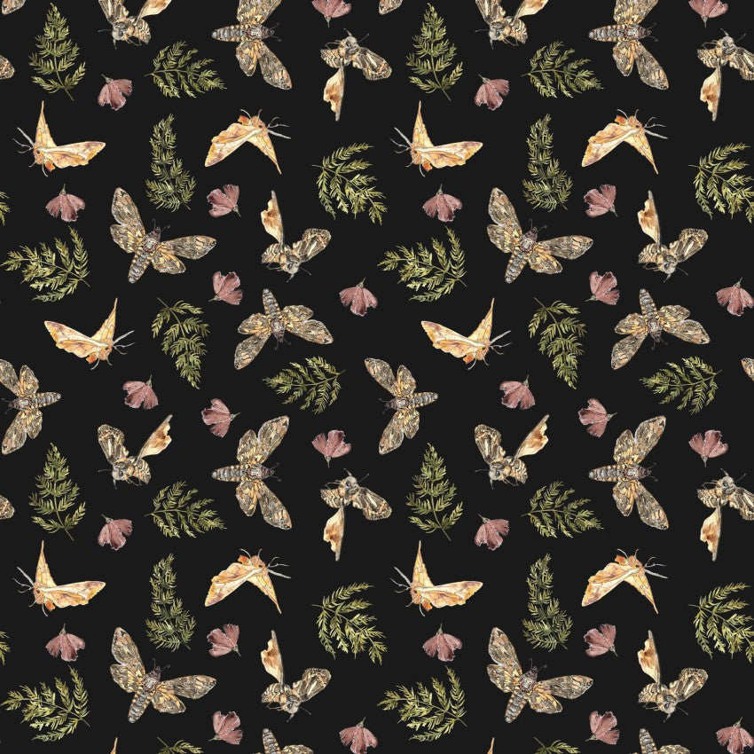 Night Whispers- Black Moths: Sold by the 1/2 yard