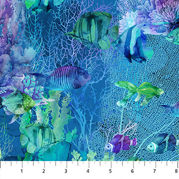 Coral Reef- Navy Multi Fish: Sold by the 1/2 yard