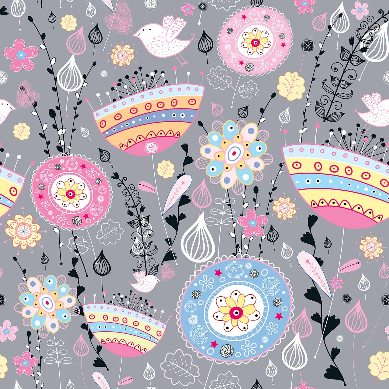 Alice- Multi Flowers & Birds: Sold by the 1/2 yard