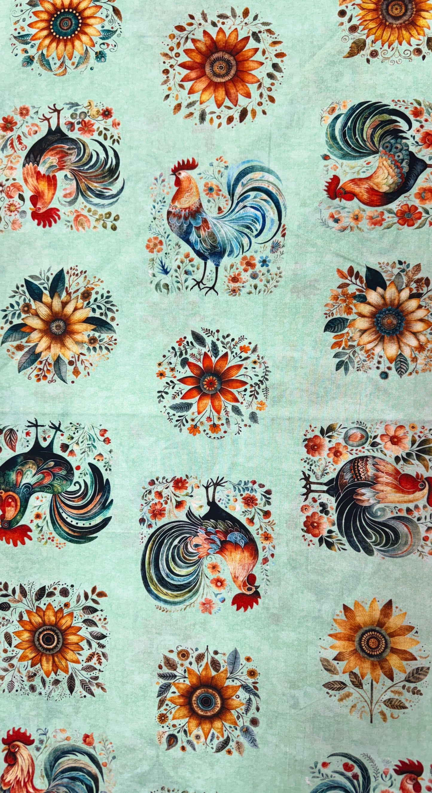 Poultry in Motion- Sage Roosters and Sunflowers: Sold by the 1/2 yard.