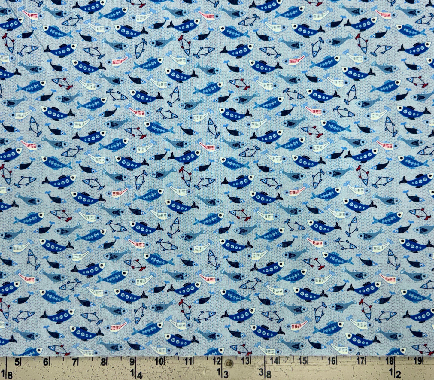 Saltwater Waves- Light Blue Fish: Sold by the 1/2 yard