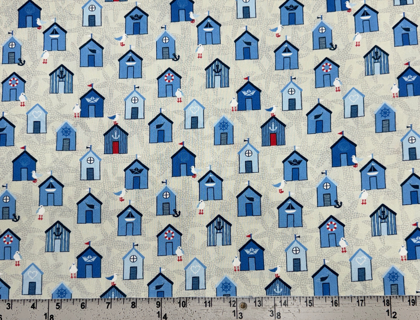 Saltwater Waves- Sand Bath Houses: Sold by the 1/2 yard