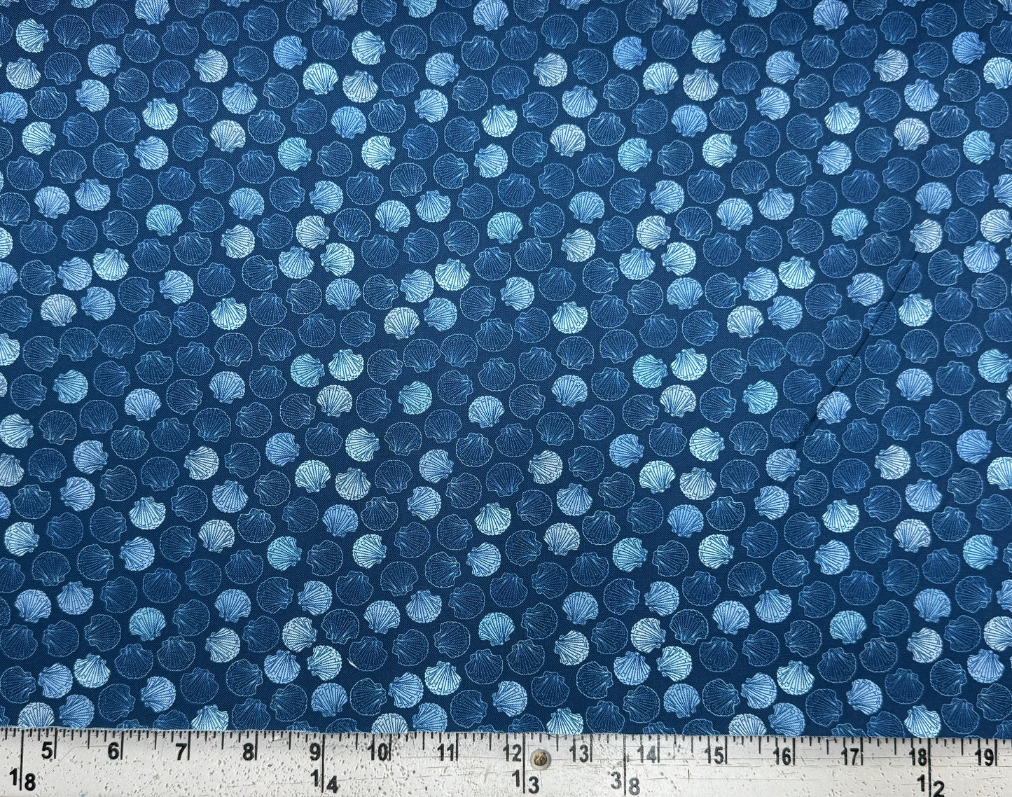 Saltwater Waves- Dark Blue Clam Shells: Sold by the 1/2 yard