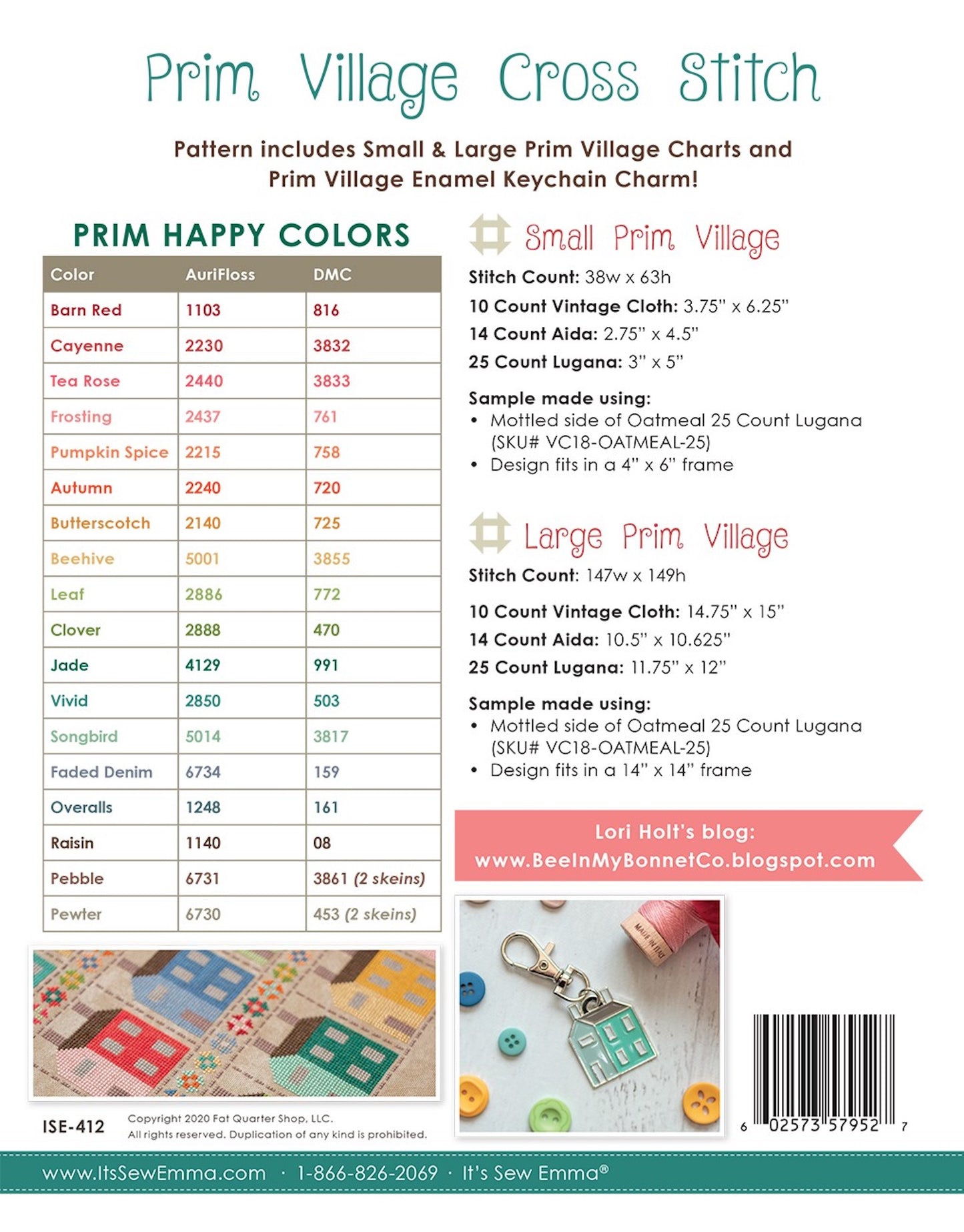 Prim Village Cross Stitch Pattern with Bonus Keychain Charm