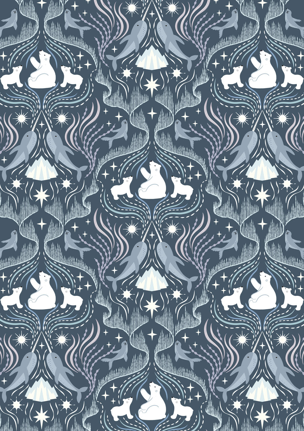 Where the Sky Dances- Dark Blue with Pearl Northern Lights: Sold by the 1/2 yard