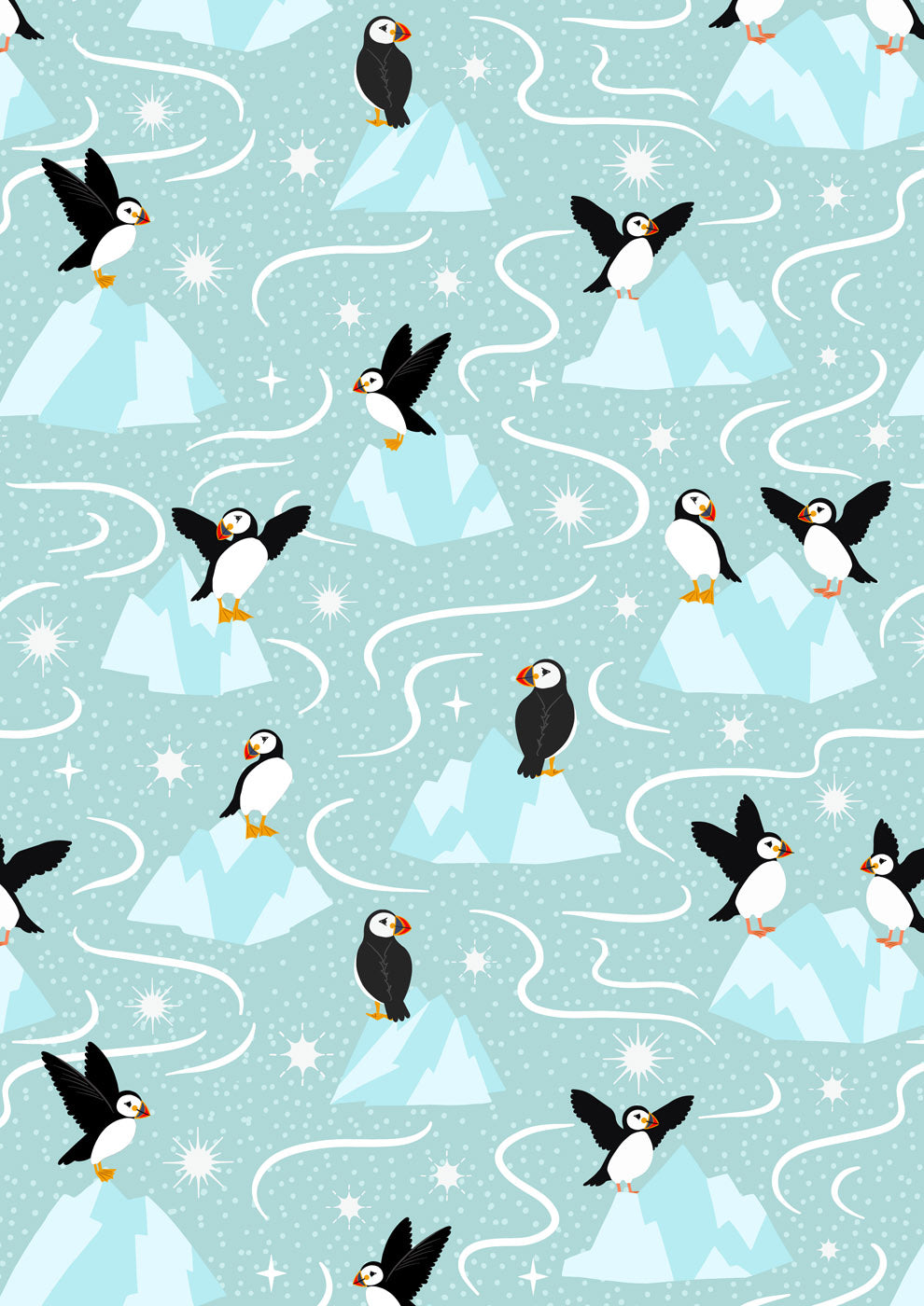 Where the Sky Dances- Icy Blue with Pearl, Puffins: Sold by the 1/2 yard