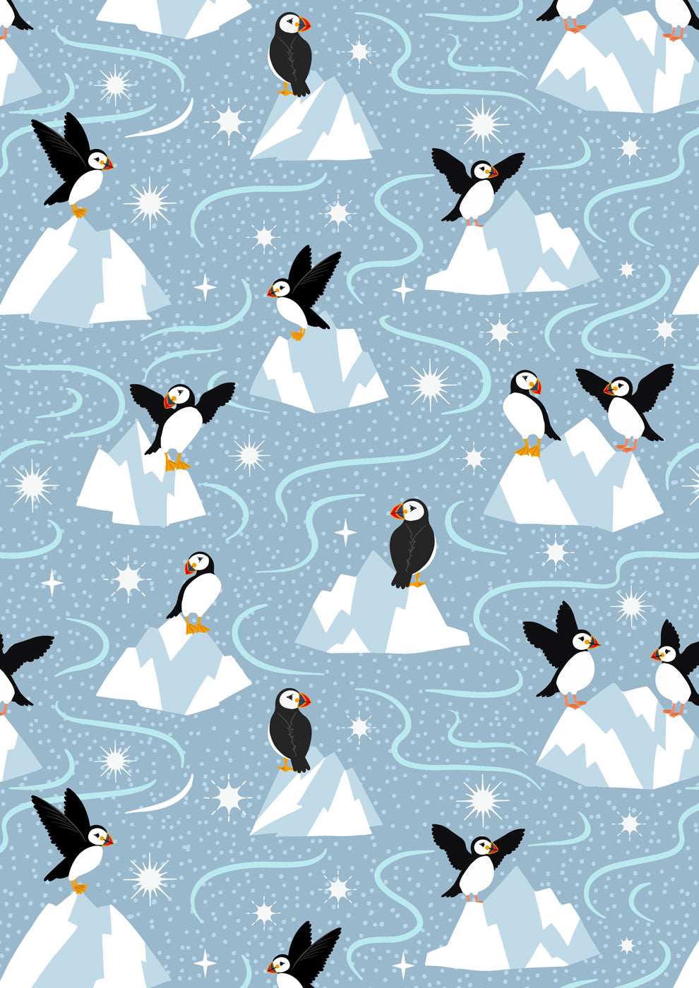 Where the Sky Dances- Blue Grey with Pearl, Puffins: Sold by the 1/2 yard