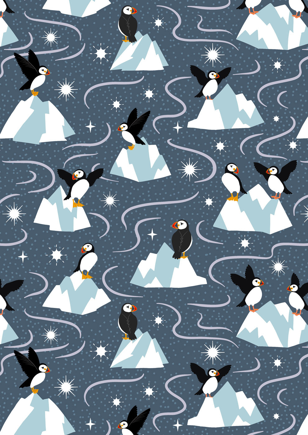 Where the Sky Dances- Dark Blue with Pearl, Puffins: Sold by the 1/2 yard