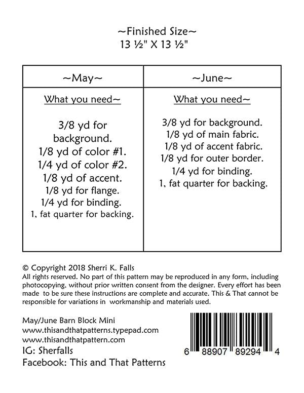 Barn Block Mini's Quilt Pattern- May/June