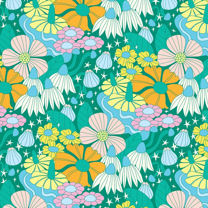 High in the Sky- Dark Green Floral Galaxy: Sold by the 1/2 Yard
