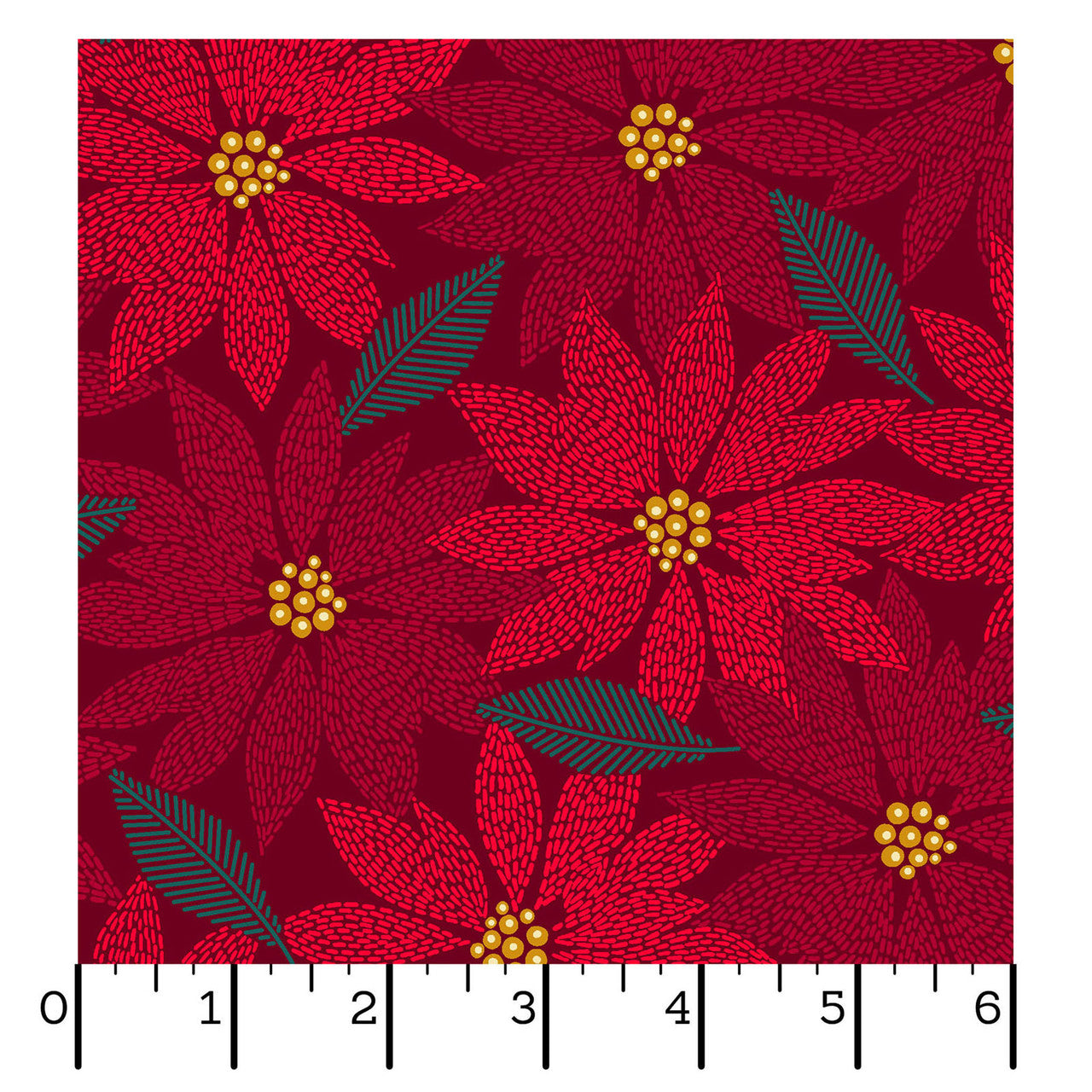 Holiday Stitches- Red Stitched Poinsettia: Sold by the 1/2 yard