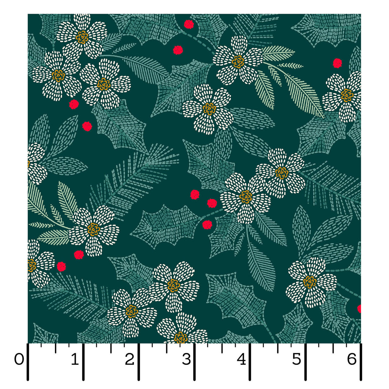 Holiday Stitches- Deep Green Stitched Holly: Sold by the 1/2 yard