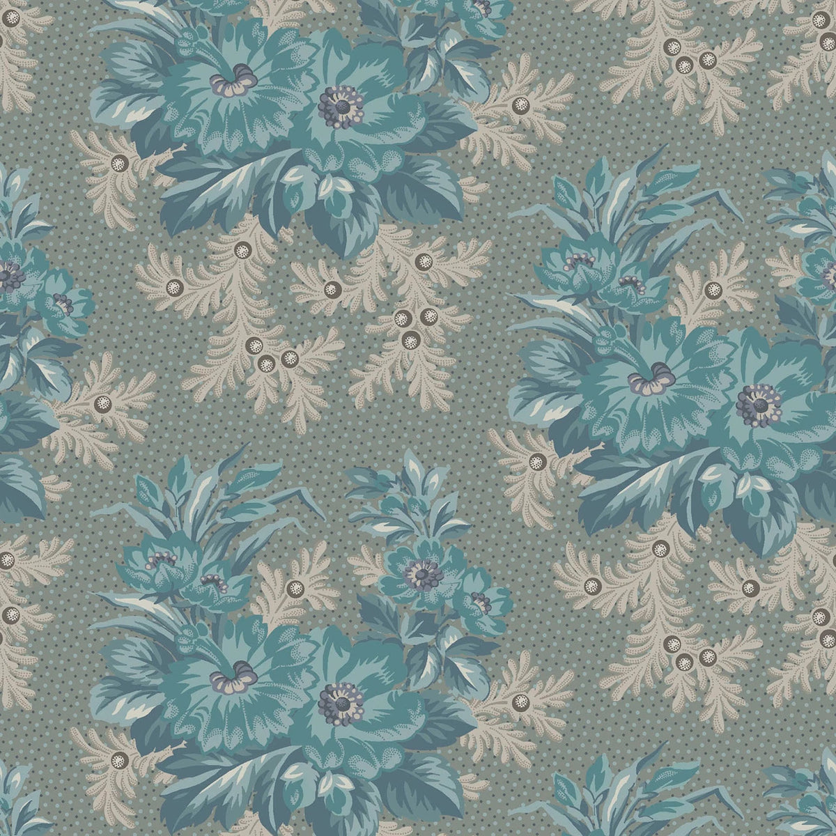 Midnight Bloom- Tan/Aqua Large Floral Clusters: Sold by the 1/2 yard