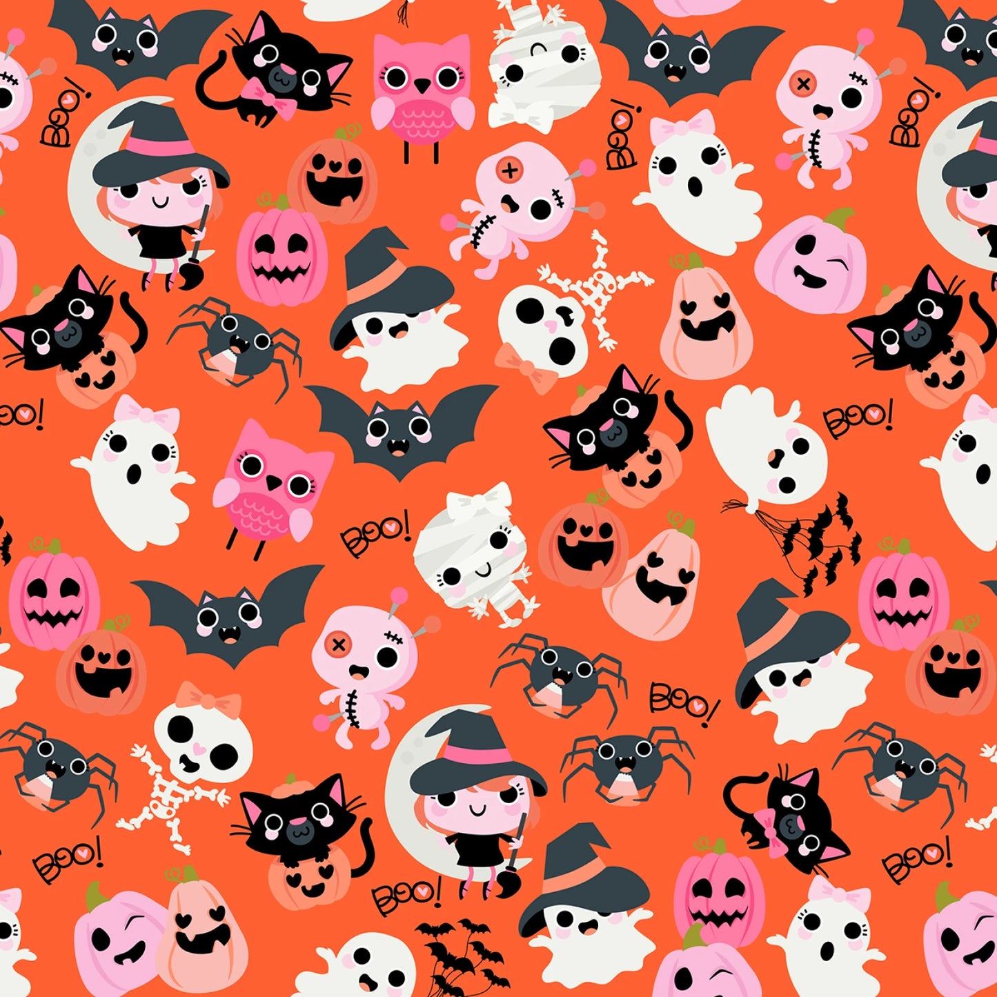 Not Scary- Orange Boos with Bows: Sold by the 1/2 yard