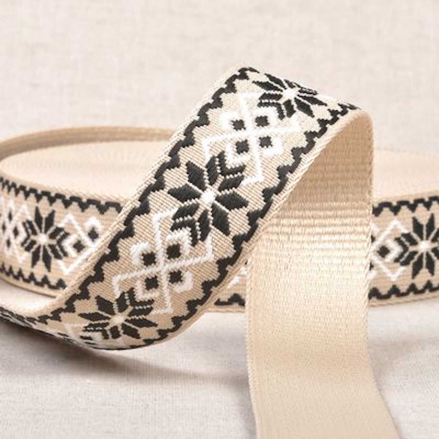 Ethnic Floral Webbing 38mm- Beige/Black/White: Sold By the Yard