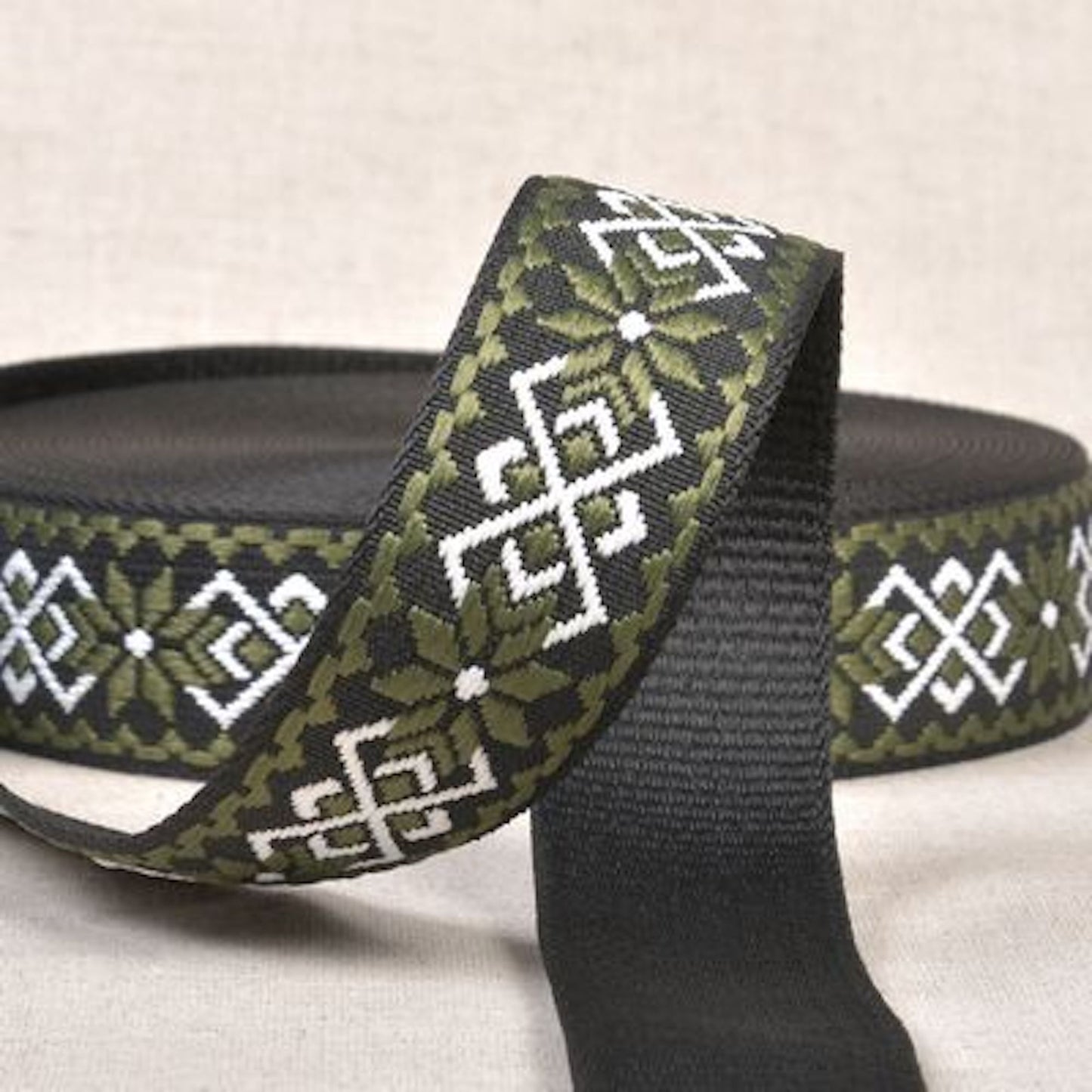 Ethnic Floral Webbing 38mm- Olive/Black/White: Sold By the Yard