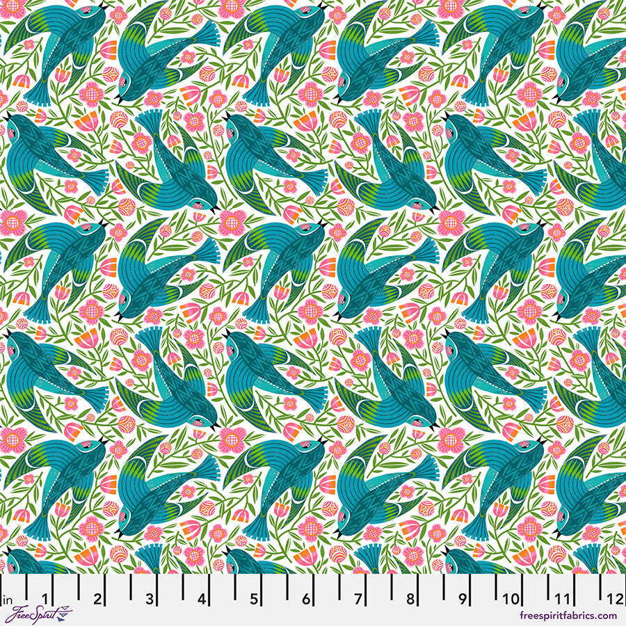 What the Birds Said- White Blue Birdy: Sold by the 1/2 yard