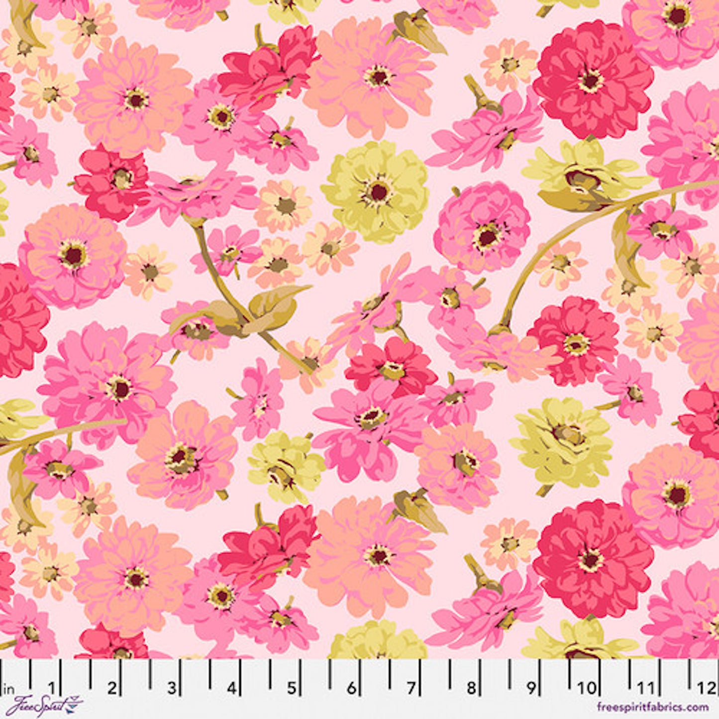 Garden- Pink Zinnia Toss: Sold by the 1/2 yard.