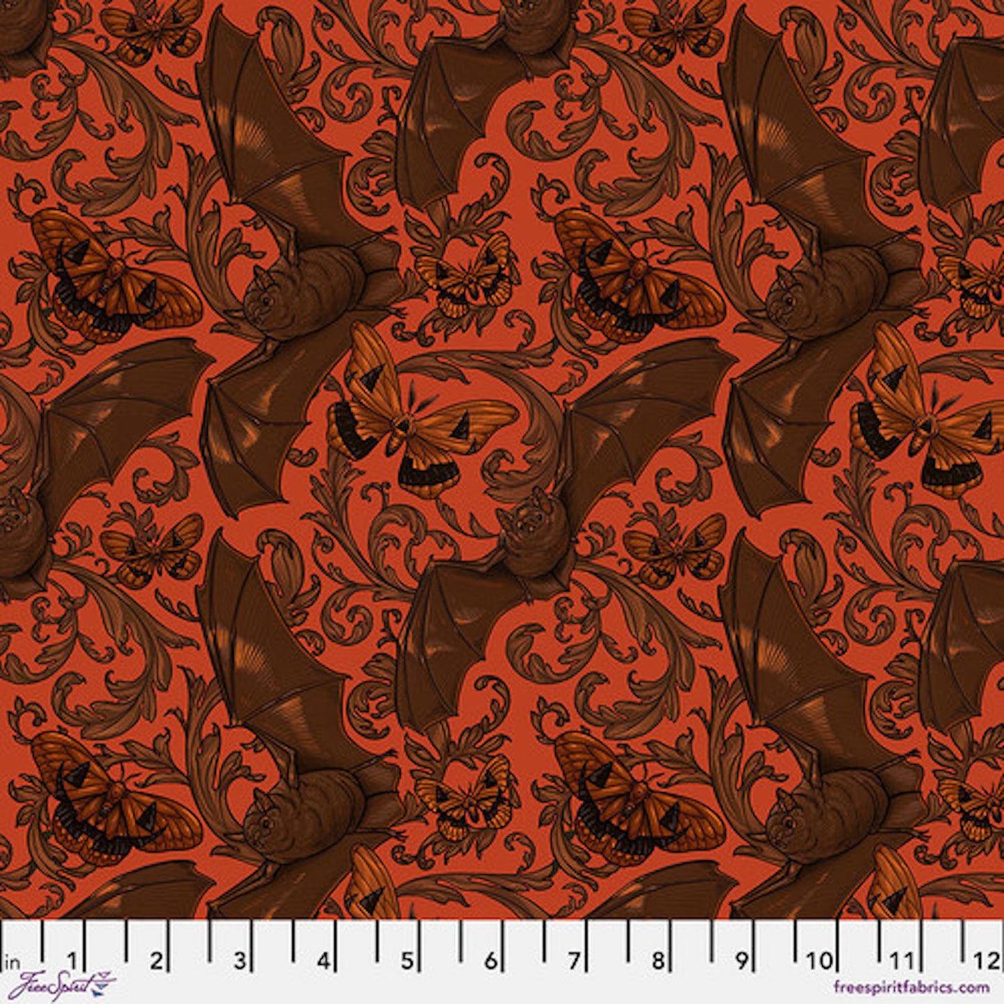 Mystic Moonlight- Orange Bat & Moth: Sold by the 1/2 yard.